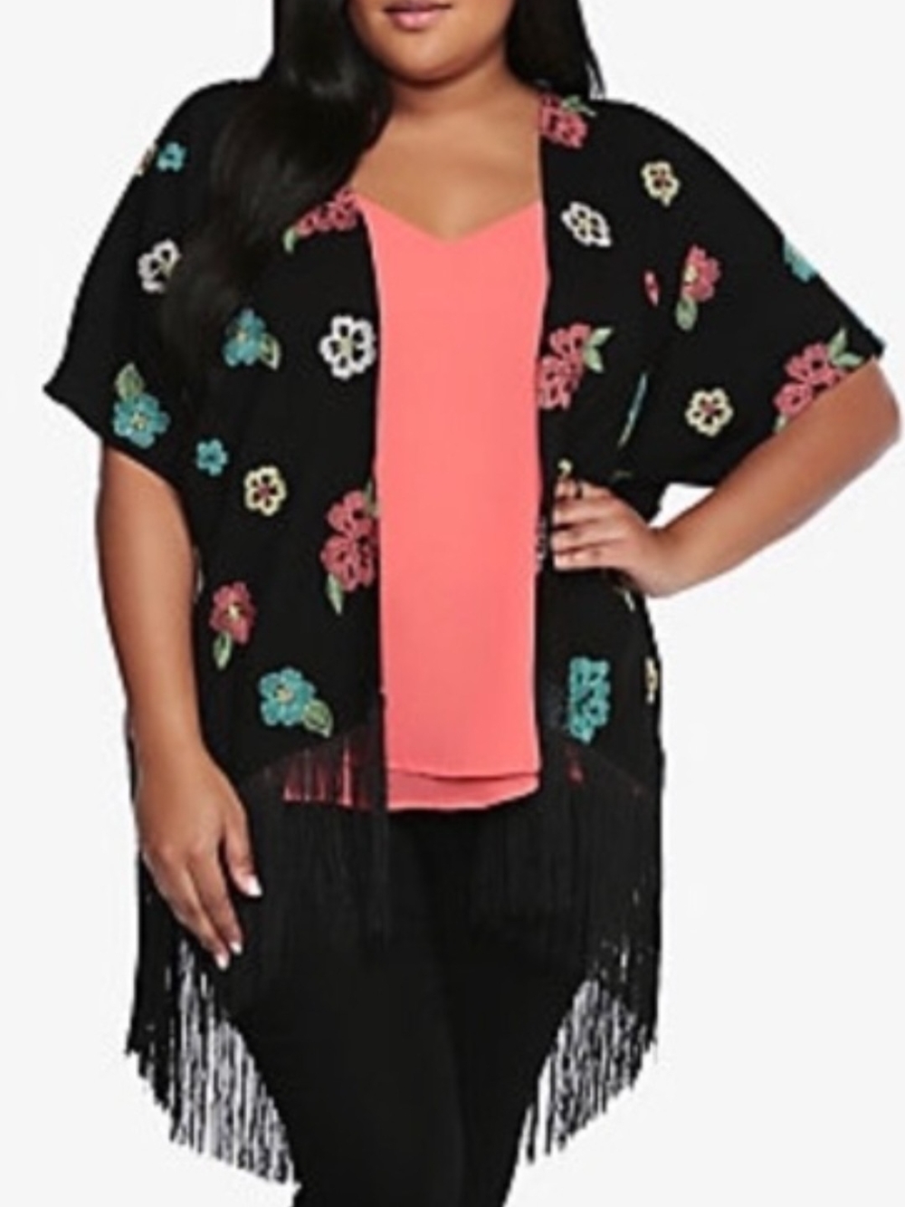 Torrid Floral Embroidered Fringe Kimono Cardigan Wrap Plus Size 2/3 2X 3X Black